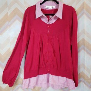 Magenta pink sweater with built-in striped shirt